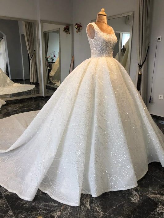 Unique Bridal Gown Ball Gown Square Neck White Sequin Wedding Dresses Pretty Bridal Gowns DH1220