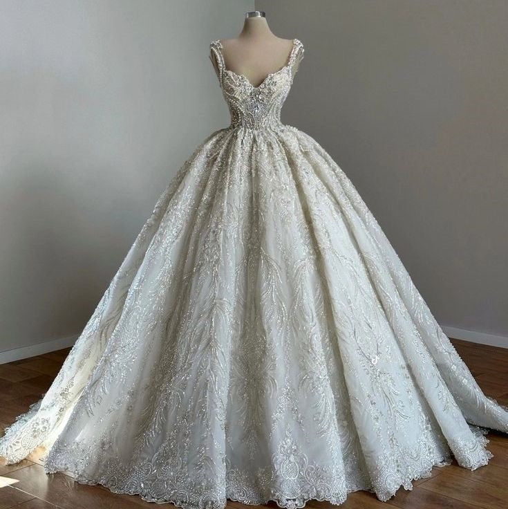 Unique Bridal Gown Ball Gown Straps Neck White Sequin Wedding Dresses Pretty Bridal Gowns DH1222