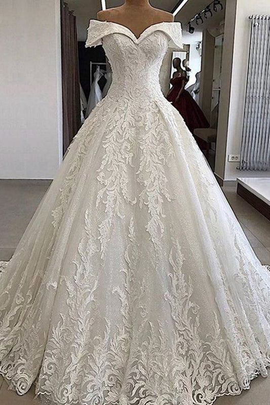 Princess Wedding Dress Ball Gown Off The Shoulder White Lace Wedding Dresses Dreamy Bridal Gowns DH1229