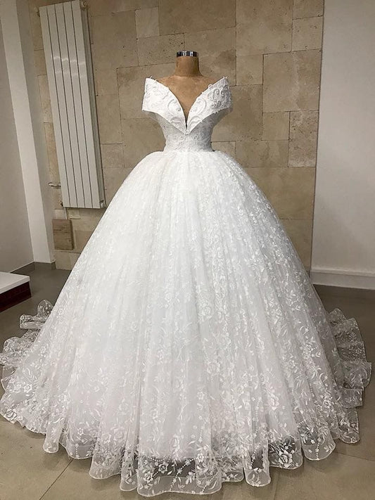 Classic Wedding Dress Ball Gown Off The Shoulder White Lace Wedding Dresses Dreamy Bridal Gowns DH1230
