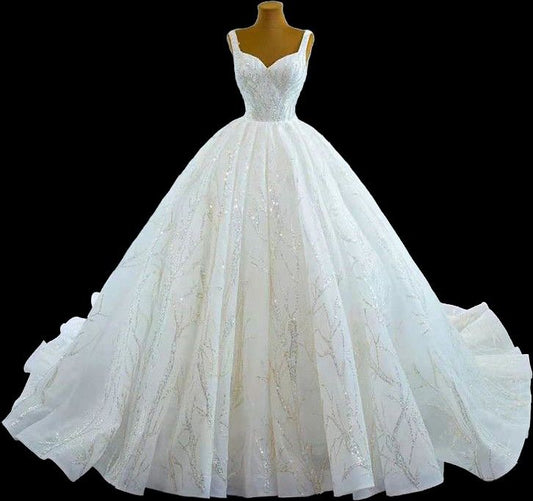 Classic Wedding Dress Ball Gown Straps White Sequin Long Wedding Dresses Dreamy Bridal Gowns DH1232