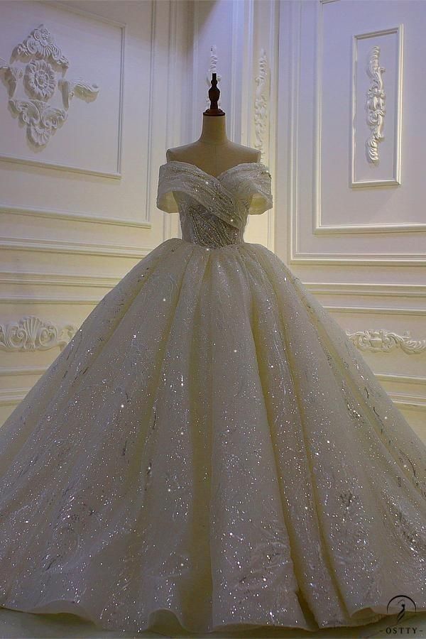 Unique Bridal Gown Ball Gown Off The Shoulder White Short Sleeves Sequin Wedding Dresses Pretty Bridal Gowns DH1237