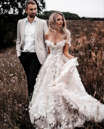 Unique Bridal Dress A Line Off The Shoulder White Tulle Lace Long Wedding Dresses Pretty Bridal Gowns DH1250