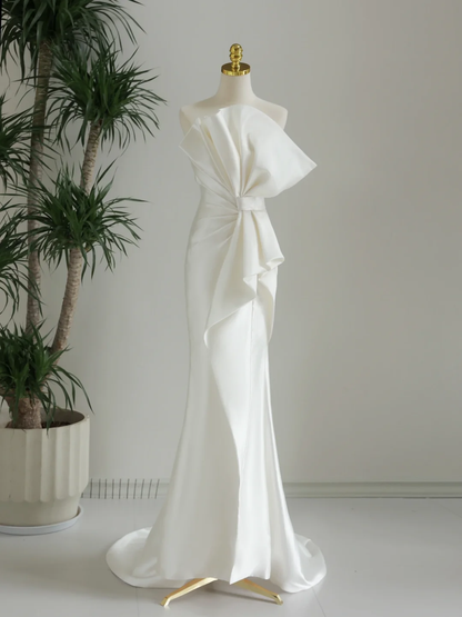 Classic Wedding Dress Mermaid Strapless White Satin Long Wedding Dresses Simple Bride Dress Bridal Gowns DH1285
