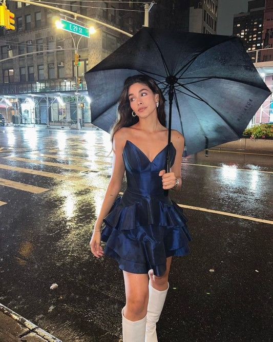 Trendy Ball Gown Sweetheart Satin Navy Blue Mini Short Formal 7th Grade Homecoming Dresses Middle School Short Prom Dress Hoco Outfits DH1375