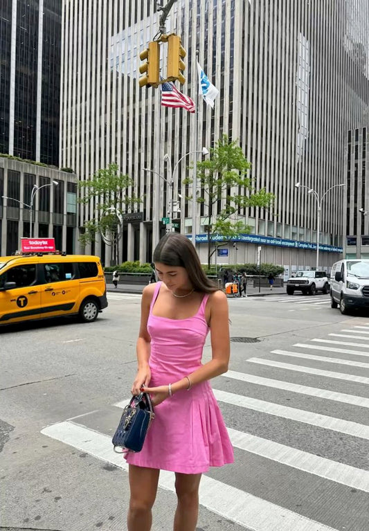 Unique A line Square Neck Pink Sleeveless Satin Mini Formal 7th Grade Homecoming Dresses Middle School Prom Dress Hoco Outfits DH1376