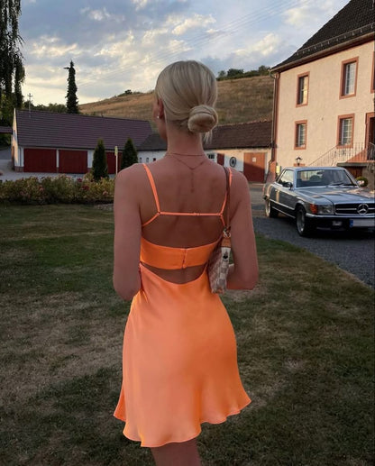 Unique A line Spaghetti Straps Orange Sleeveless Satin Mini Formal 7th Grade Homecoming Dresses Middle School Prom Dress Hoco Outfits DH1389