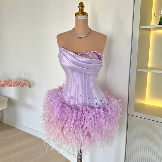Trendy Sheath Strapless Lilac Beads Feathers Mini Short Formal 8th Grade Homecoming Dresses Middle School Short Prom Dress Hoco Outfits DH1409