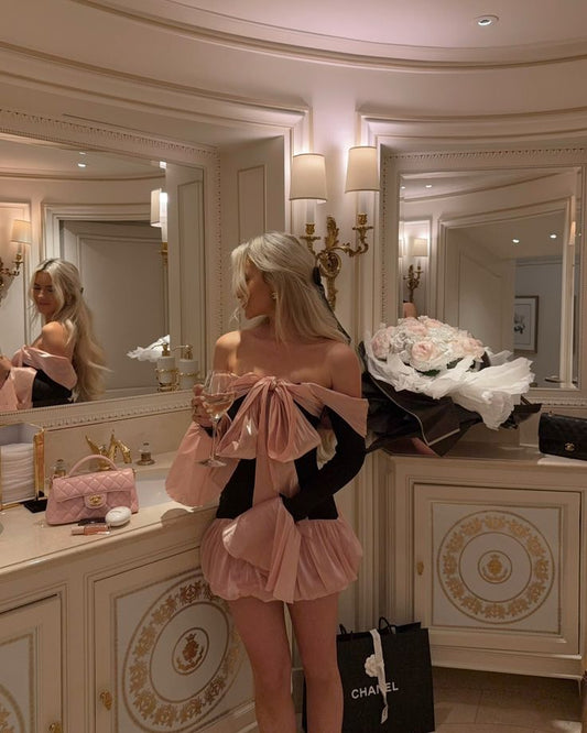 Cute Sheath Off The Shoulder Long Sleeves Pink Mini Short Formal 7th Grade Homecoming Dresses Middle School Short Prom Dress Cocktail Birthday Outfits DH1412