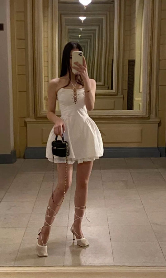 Unique A Line Halter White Satin Short Mini Formal 7th Grade Homecoming Dresses Middle School Short Prom Dress Hoco Outfits DH1413