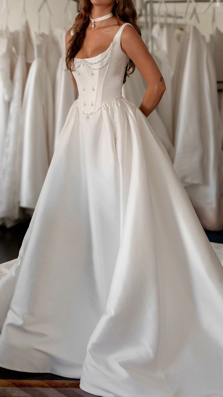 Classy Elegant Ball Gown Square Neck White Satin Wedding Dress With Pearls Wedding Dresses Modest Wedding Gowns Brides Dress DH1419