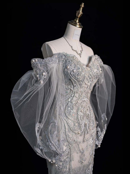 Princess Bridal Dress Mermaid Off The Shoulder Lace Tulle Wedding Dress With Long Sleeves Wedding Dresses Modest Wedding Gowns DH1421