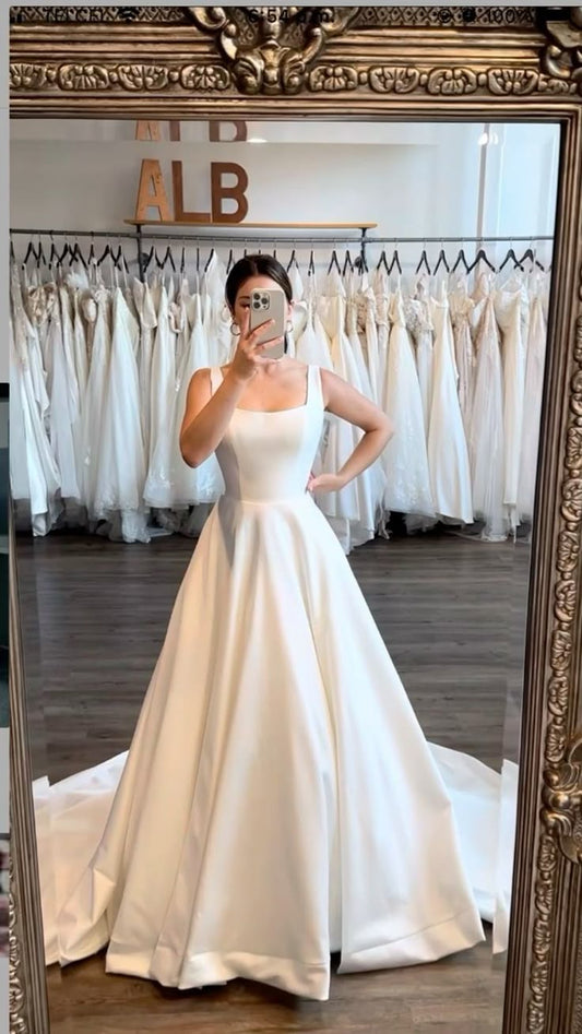 Unique Bridal Dress Ball Gown Square Neck Satin Ivory Long Wedding Dresses Simple Bride Dress Bridal Gowns DH1424