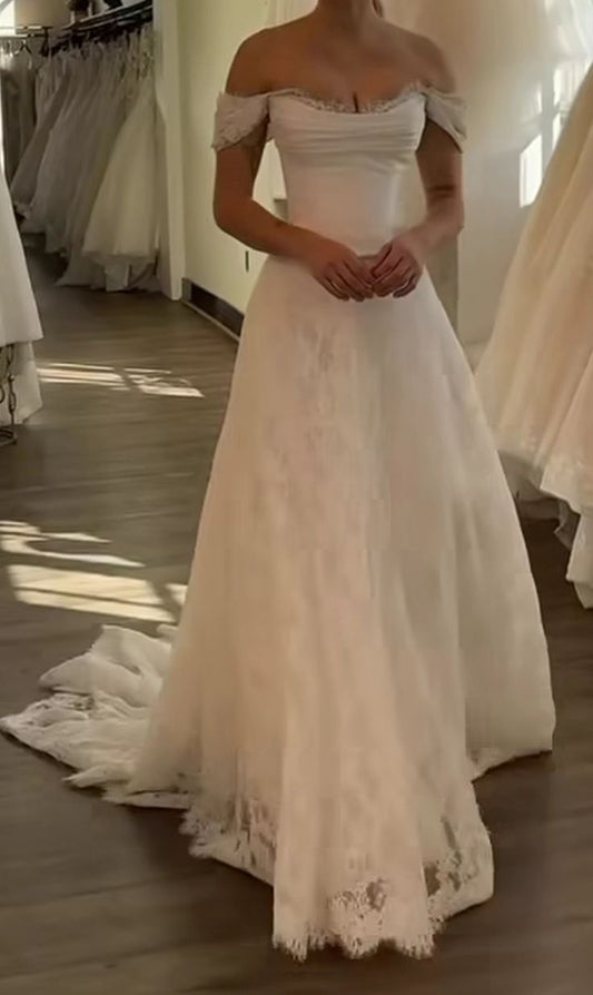 Princess Bridal Dress Mermaid Off The Shoulder Lace Wedding Dress With Short Sleeves Wedding Dresses Modest Wedding Gowns DH1427