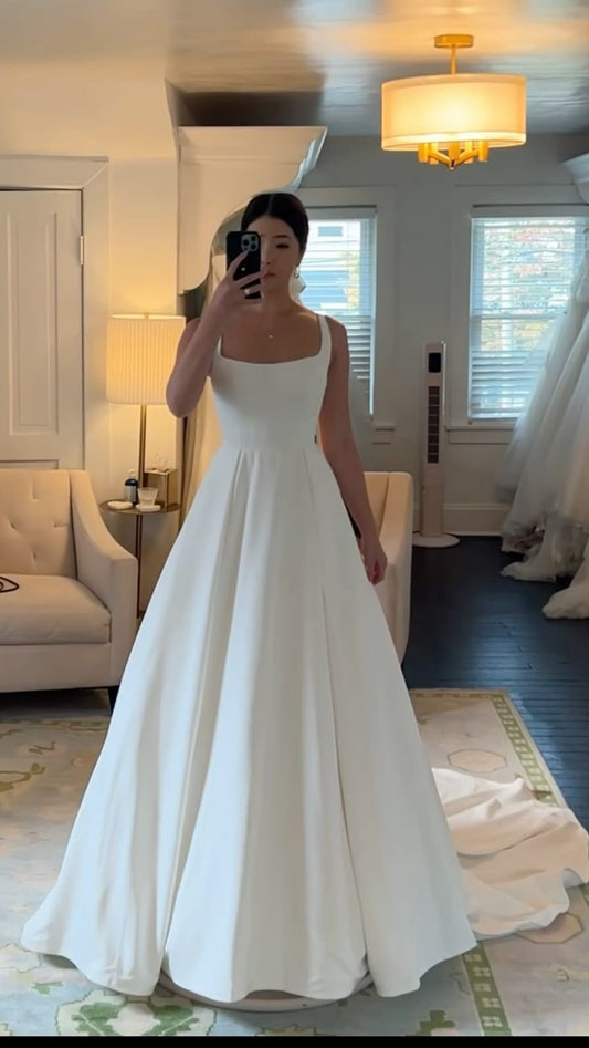 Unique Bridal Dress Ball Gown Square Neck Satin White Long Wedding Dresses Simple Bride Dress Bridal Gowns DH1428