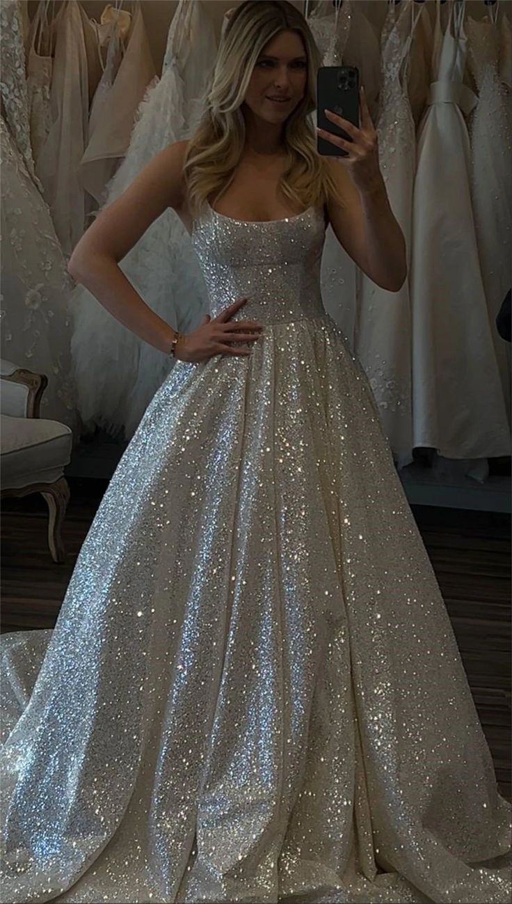 Unique Bridal Dress A line Spaghetti Straps White Sequin Long Wedding Dresses Simple Bride Dress Bridal Gowns DH1511