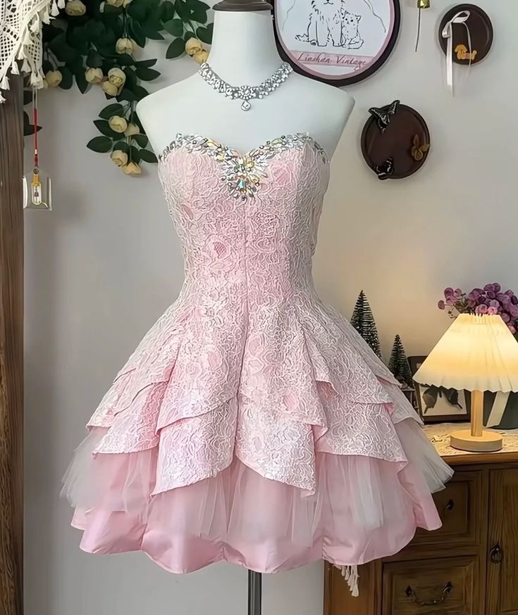 Cute Ball Gown Sweetheart Pink Short Mini Lace Formal 8th Grade Homecoming Dresses Middle School Cocktail Night Dress Hoco Outfits DH1538