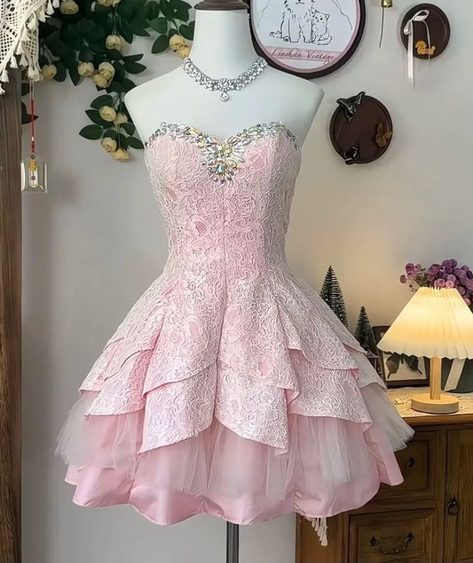 Cute Ball Gown Sweetheart Pink Short Mini Lace Formal 8th Grade Homecoming Dresses Middle School Cocktail Night Dress Hoco Outfits DH1538