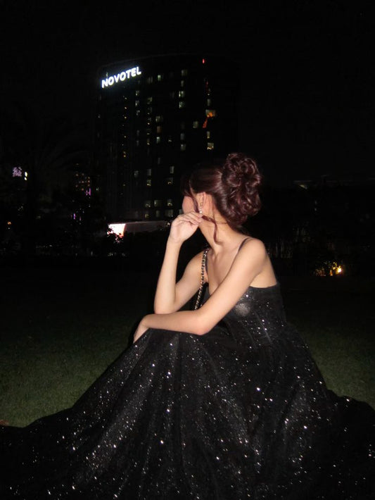 Elegant A line Spaghetti Straps Black Sequin Prom Dresses Party Dress Summer 22th Birthday Outfits 18th Birthday Dresses DH1582