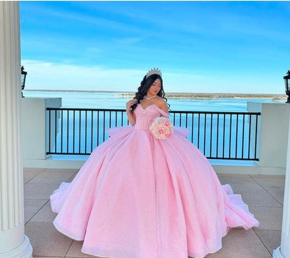 Pretty Ball Gown Off The Shoulder Pink Tulle Long Quinceanera Dress Formal Gowns Vestido De 15 Anos Sweet 16 Dress DH1841