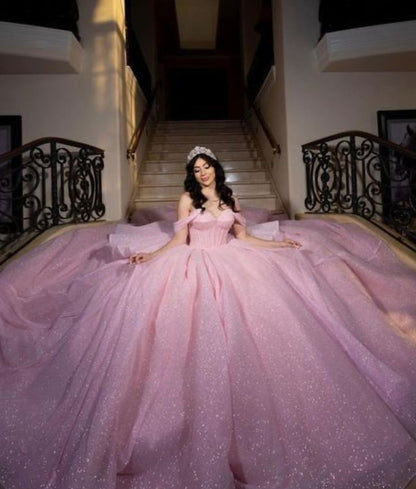 Pretty Ball Gown Off The Shoulder Pink Tulle Long Quinceanera Dress Formal Gowns Vestido De 15 Anos Sweet 16 Dress DH1843