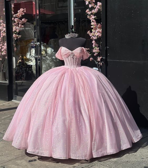 Princess Ball Gown Off The Shoulder Pink Tulle Long Quinceanera Dress Formal Gowns Vestido De 15 Anos Sweet 16 Dress DH1856
