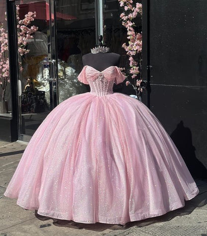 Princess Ball Gown Off The Shoulder Pink Tulle Long Quinceanera Dress Formal Gowns Vestido De 15 Anos Sweet 16 Dress DH1856