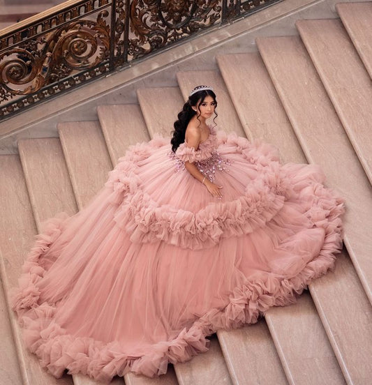 Modest Ball Gown Off The Shoulder Pink Tulle Long Quinceanera Dress Formal Gowns Vestido De 15 Anos Sweet 16 Dress DH1848