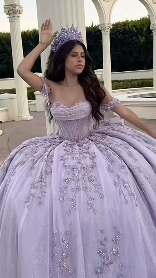 Modest Ball Gown Off The Shoulder Lilac Lace Tulle Long Quinceanera Dress Formal Gowns Vestido De 15 Anos Sweet 16 Dress DH1849
