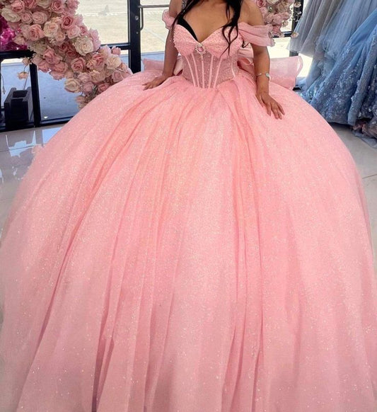 Modest Ball Gown Off The Shoulder Pink Tulle Long Quinceanera Dress Formal Gowns Vestido De 15 Anos Sweet 16 Dress DH1850