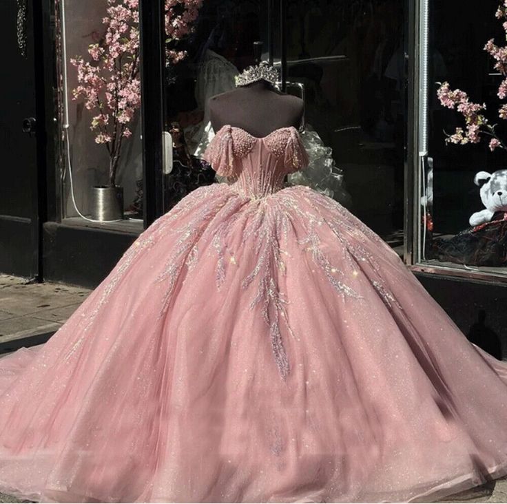 Modest Ball Gown Off The Shoulder Pink Tulle Long Quinceanera Dress Formal Gowns Vestido De 15 Anos Sweet 16 Dress DH1851