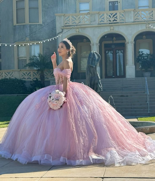 Modest Ball Gown Off The Shoulder Pink Tulle Lace Long Quinceanera Dress Formal Gowns Vestido De 15 Anos Sweet 16 Dress DH1855