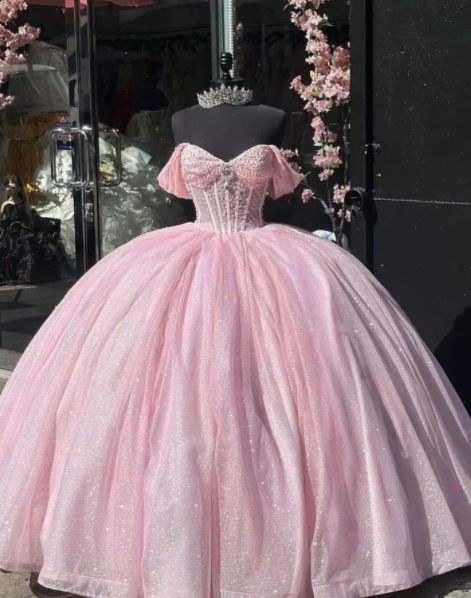 Princess Ball Gown Off The Shoulder Pink Tulle Long Quinceanera Dress Formal Gowns Vestido De 15 Anos Sweet 16 Dress DH1856