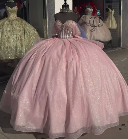 Princess Ball Gown Off The Shoulder Pink Tulle Long Quinceanera Dress Formal Gowns Vestido De 15 Anos Sweet 16 Dress DH1856