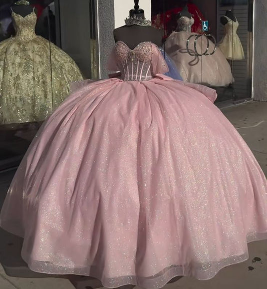 Princess Ball Gown Off The Shoulder Pink Tulle Long Quinceanera Dress Formal Gowns Vestido De 15 Anos Sweet 16 Dress DH1856