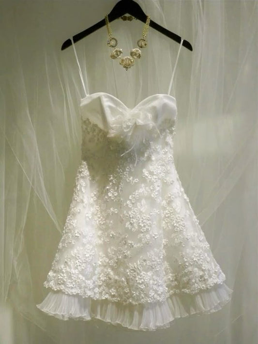 Cute A line Spaghetti Straps Short White Lace Formal 8th Grade Homecoming Dresses Middle School Short Cocktail Gowns Graduation Dress Hoco Outfits DH1893