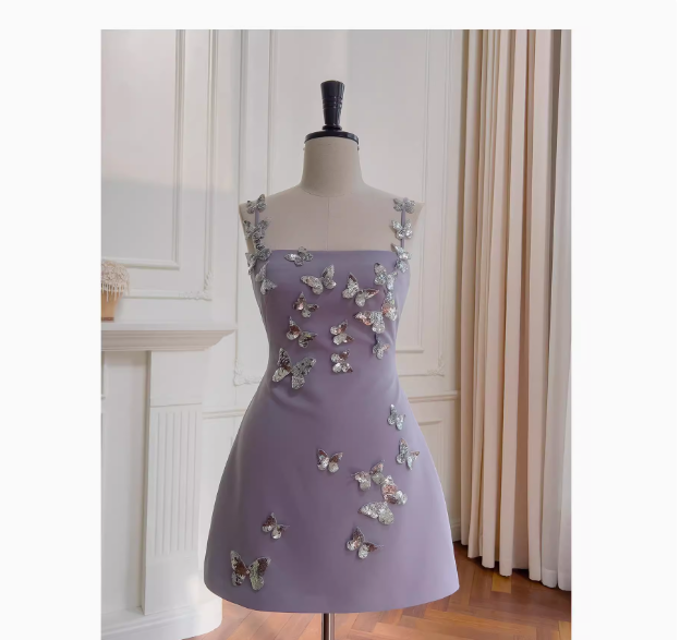 Cute A line Straps Satin Liac Short Grad Dress Inspo Short Mini Formal 8th Grade Homecoming Dresses High School Hoco Court Dress Graduation Dress Cocktail 18th Birthday Outfits DH1943