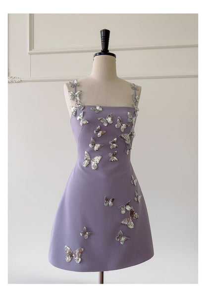 Cute A line Spaghetti Straps Satin Liac Short Grad Dress Inspo Short Mini Formal 8th Grade Homecoming Dresses High School Hoco Court Dress Graduation Dress Cocktail 18th Birthday Outfits DH1944