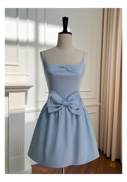 Cute A line Spaghetti Straps Satin Blue Short Grad Dress Inspo Short Mini Formal 8th Grade Homecoming Dresses High School Hoco Court Dress Graduation Dress 18th Birthday Outfits DH1947