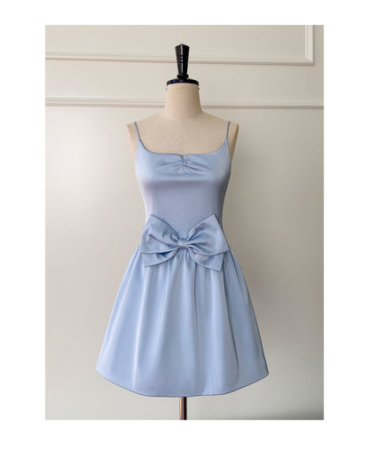 Cute A line Spaghetti Straps Satin Blue Short Grad Dress Inspo Short Mini Formal 8th Grade Homecoming Dresses High School Hoco Court Dress Graduation Dress 18th Birthday Outfits DH1947