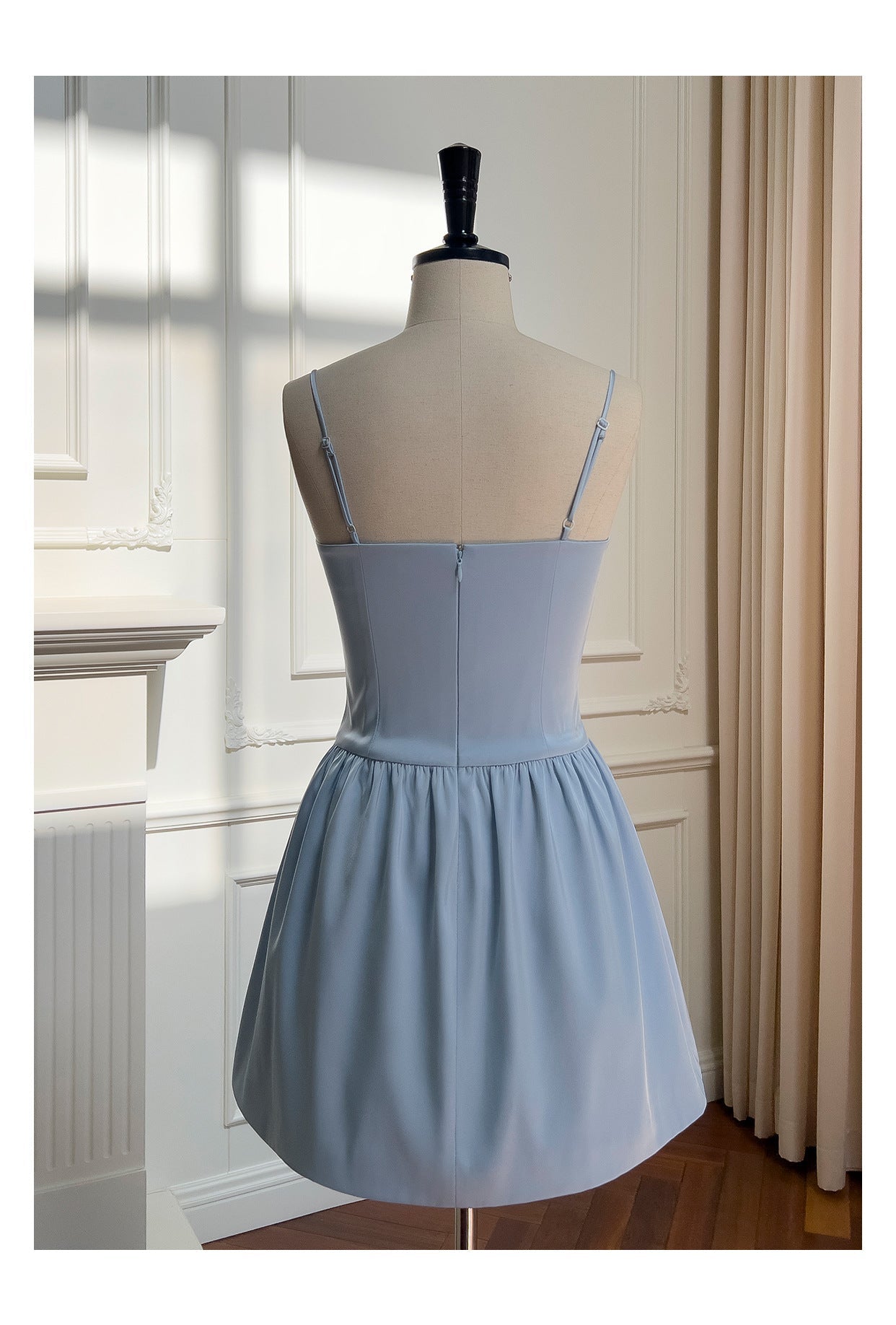 Cute A line Spaghetti Straps Satin Blue Short Grad Dress Inspo Short Mini Formal 8th Grade Homecoming Dresses High School Hoco Court Dress Graduation Dress 18th Birthday Outfits DH1947