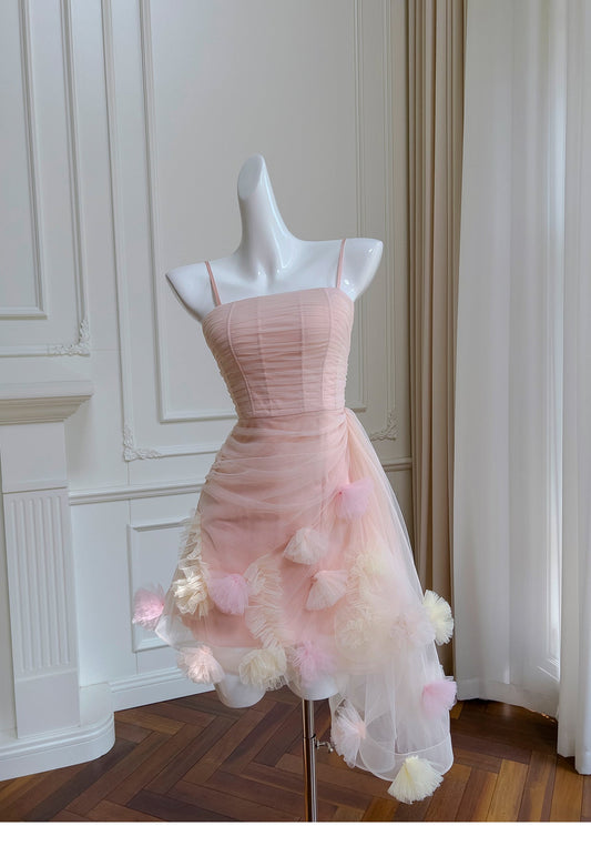 Modest A Line Spaghetti Straps Pink Tulle Formal 8th Grade Homecoming Dresses Middle School Short Birthday Gowns Graduation Dress Hoco Outfits DH2102