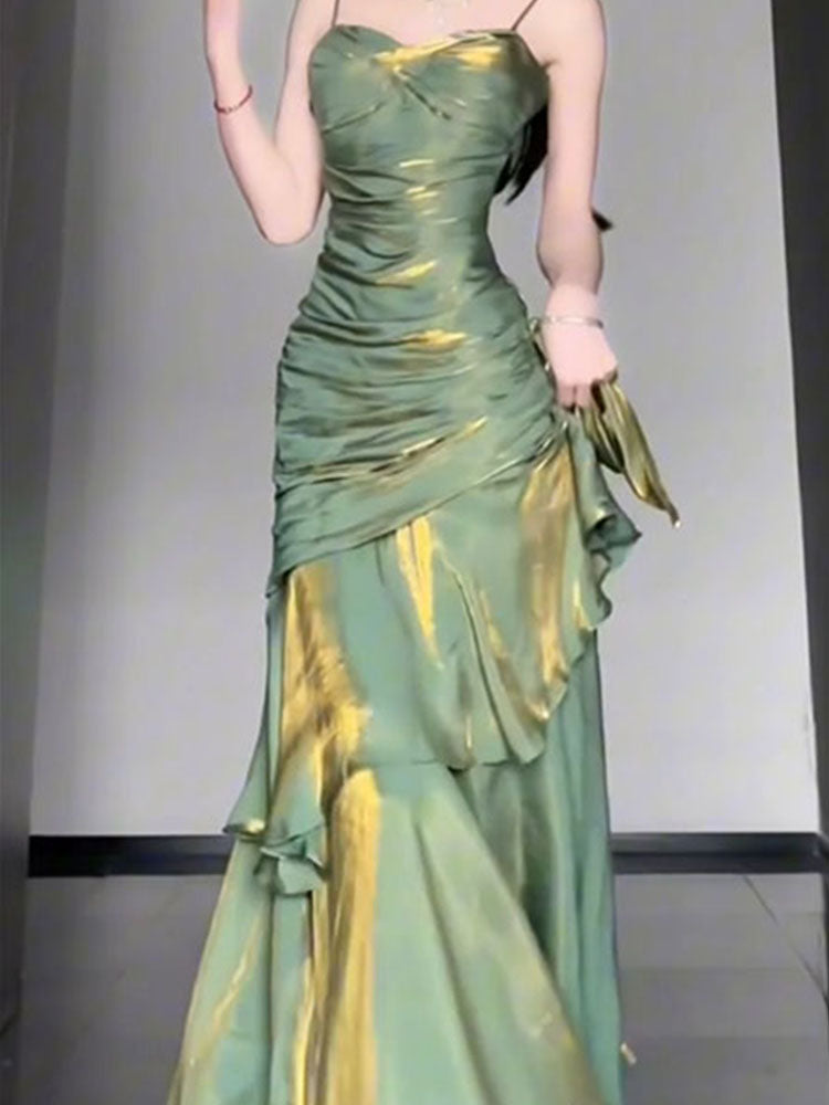 Vintage Mermaid Spaghetti Straps Green Long Summer 18th Birthday Dress Party Dress Birthday Outfits Evening Dresses DH2403