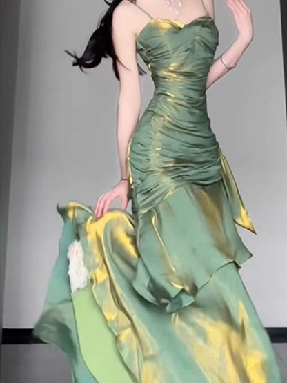 Vintage Mermaid Spaghetti Straps Green Long Summer 18th Birthday Dress Party Dress Birthday Outfits Evening Dresses DH2403