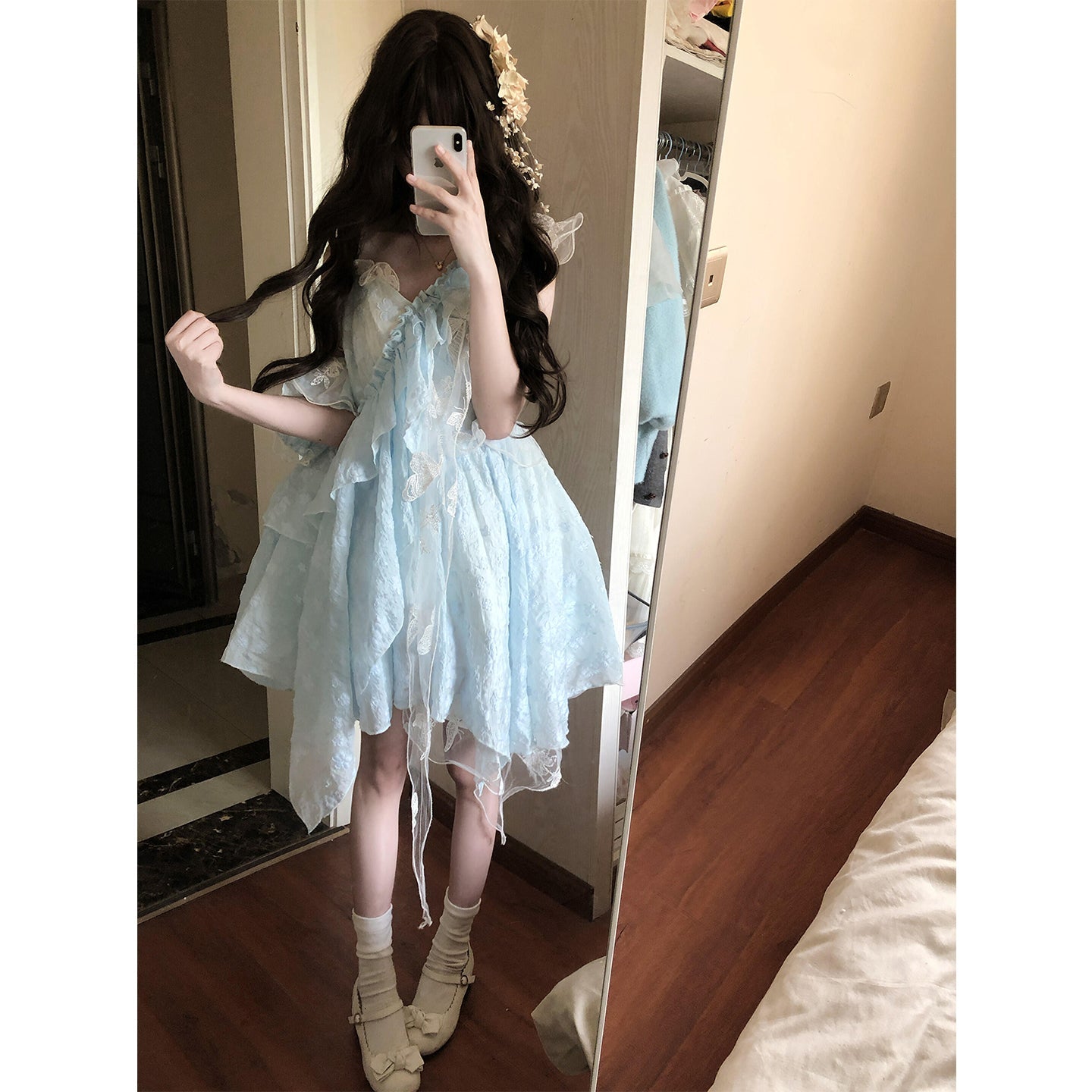 Cute Ball Gown Spaghetti Straps Light Blue Lace Summer 18th Birthday Dress Lolita Dress Birthday Outfits Lolita Outfit DH2404