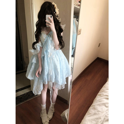 Cute Ball Gown Spaghetti Straps Light Blue Lace Summer 18th Birthday Dress Lolita Dress Birthday Outfits Lolita Outfit DH2404