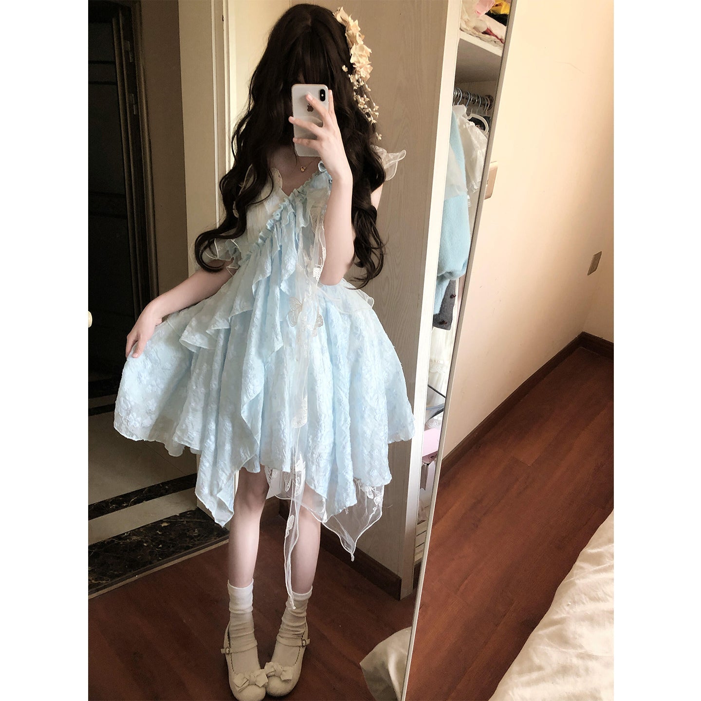 Cute Ball Gown Spaghetti Straps Light Blue Lace Summer 18th Birthday Dress Lolita Dress Birthday Outfits Lolita Outfit DH2404
