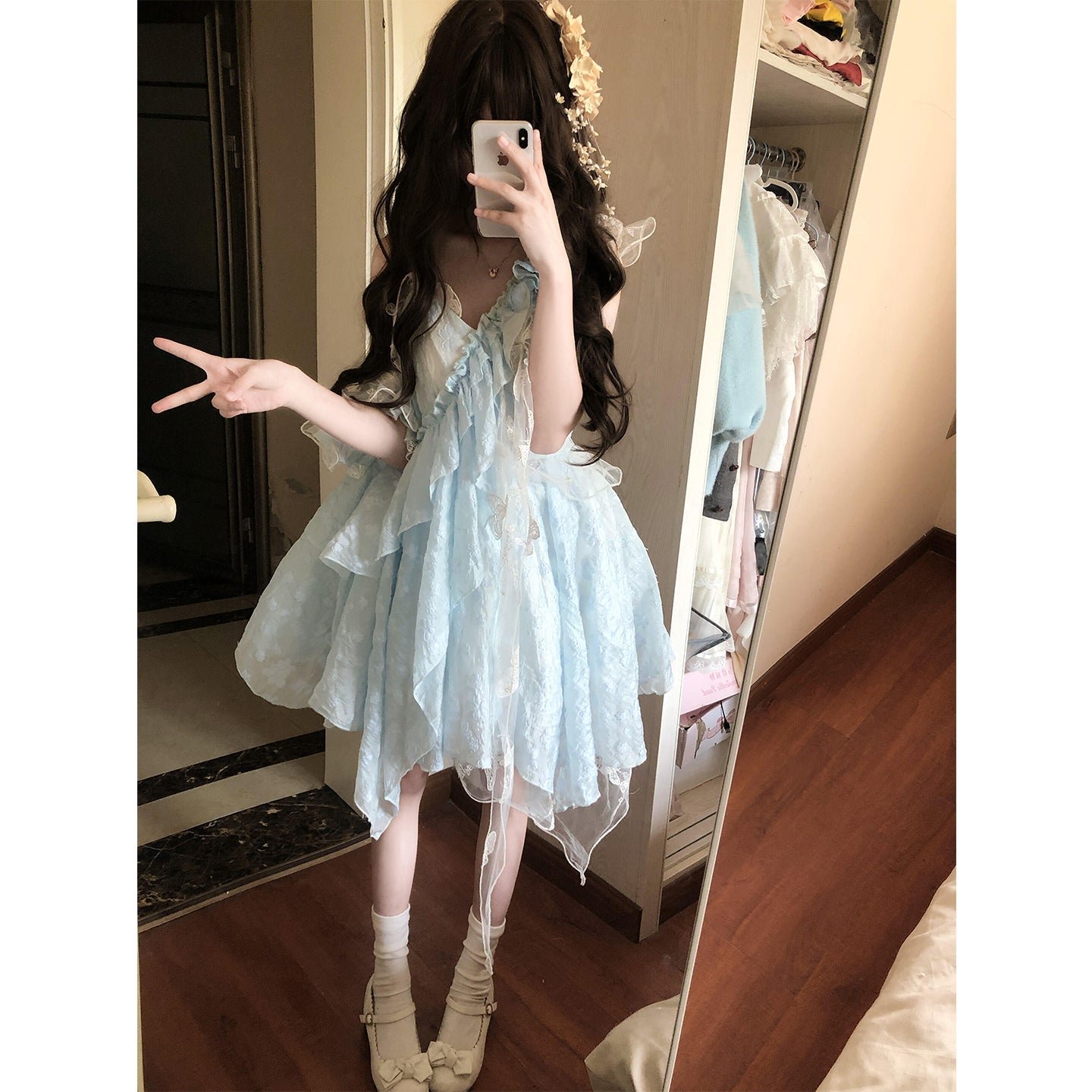 Cute Ball Gown Spaghetti Straps Light Blue Lace Summer 18th Birthday Dress Lolita Dress Birthday Outfits Lolita Outfit DH2404