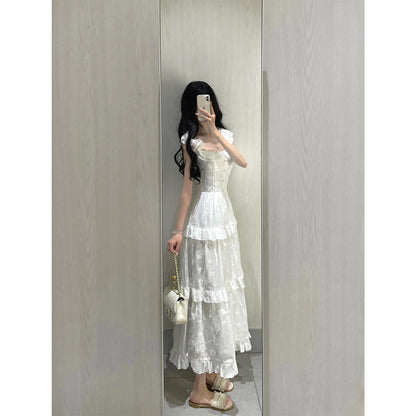 Vintage A line Square Neck White Lace Long Summer 18th Birthday Dress Party Dress Birthday Outfits Evening Dresses DH2408