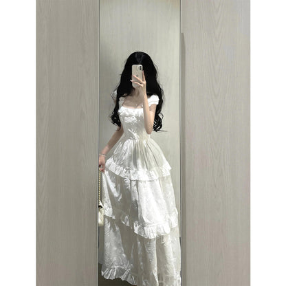 Vintage A line Square Neck White Lace Long Summer 18th Birthday Dress Party Dress Birthday Outfits Evening Dresses DH2408